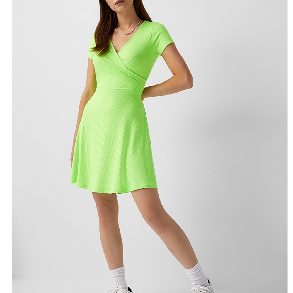 Neon green ribbed jersey crossover belted mini dress NWT